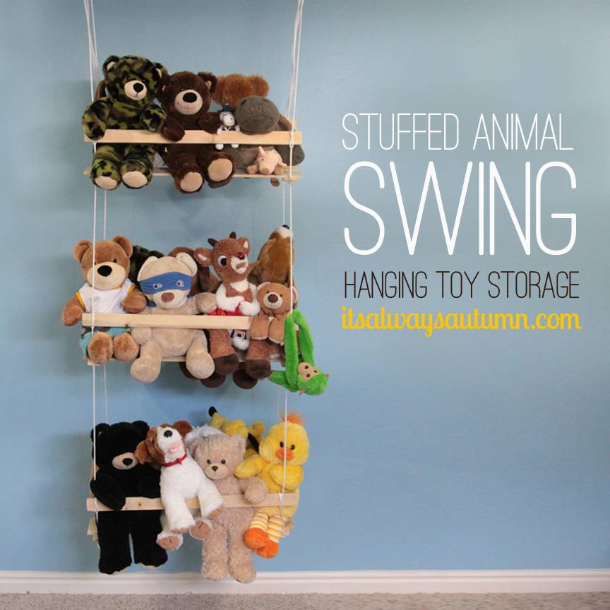20+ Creative DIY Ways to Organize and Store Stuffed Animal Toys --> DIY Hanging Toy Storage - Stuffed Animal Swing