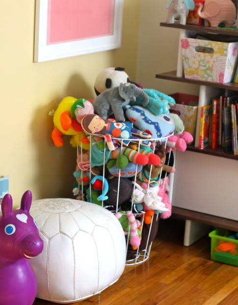 20+ Creative DIY Ways to Organize and Store Stuffed Animal Toys --> Wire Hamper As Stuffed Animal Storage