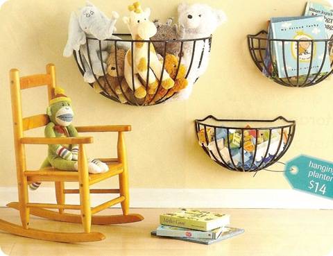 20+ Creative DIY Ways to Organize and Store Stuffed Animal Toys --> Garden Hanging Baskets Mounted On The Wall As Toy Storage