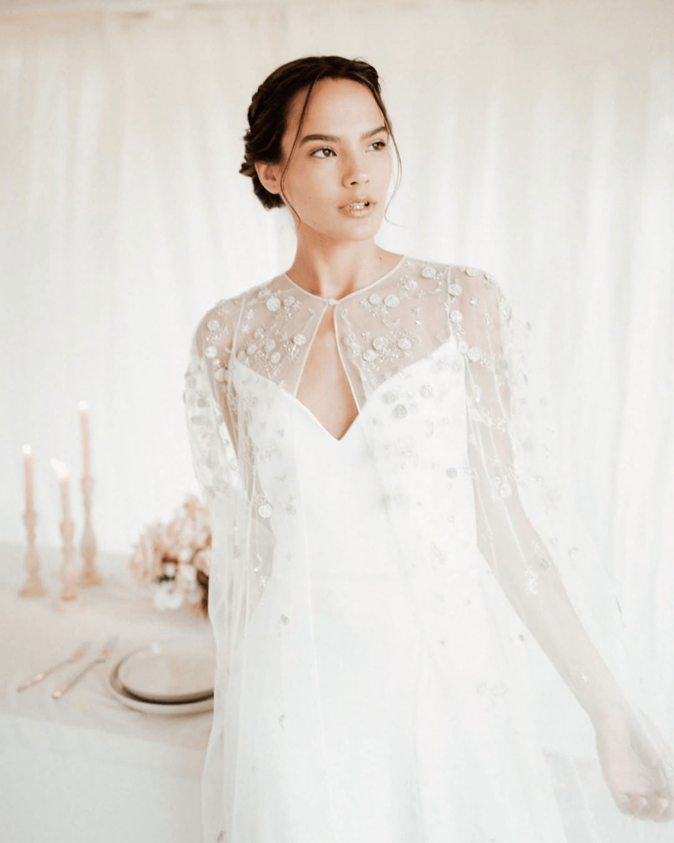 lightweight bridal cape with celestial appliques
