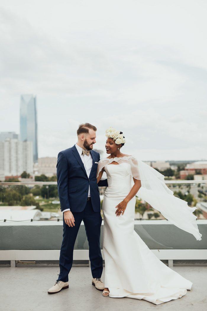 midi length bridal cape for a city rooftop wedding