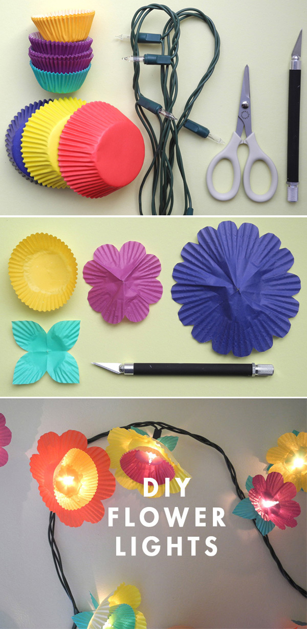 String Light DIY ideas for Cool Home Decor | Cup Cake Flower Lights are Fun for Teens Room, Dorm, Apartment or Home | http://diyprojectsforteens.com/diy-string-light-ideas/